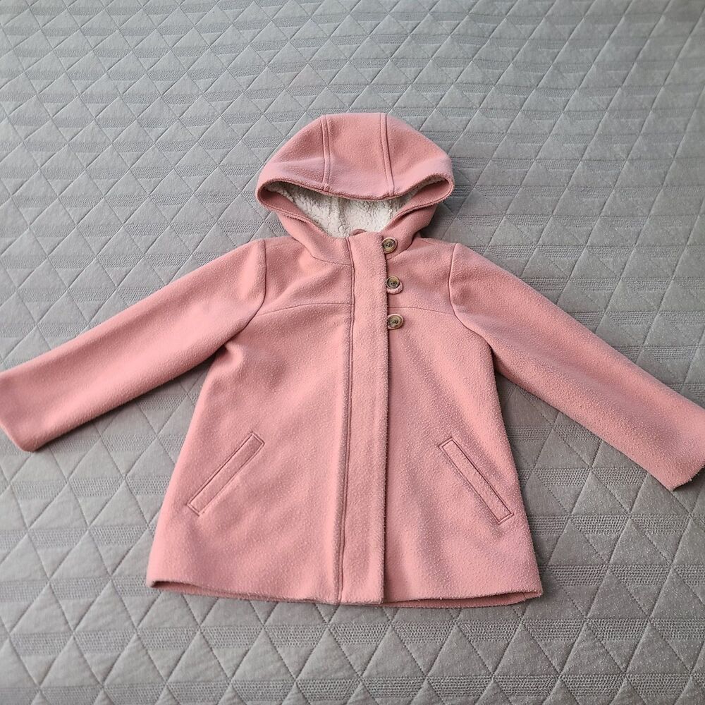 Old Navy Toddler Girl Size 5T Dusty Rose Fleece Hooded Pea Coat Zip & Buttons